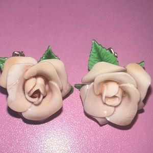 Vintage porcelain pink rose clip on earrings with green leaves